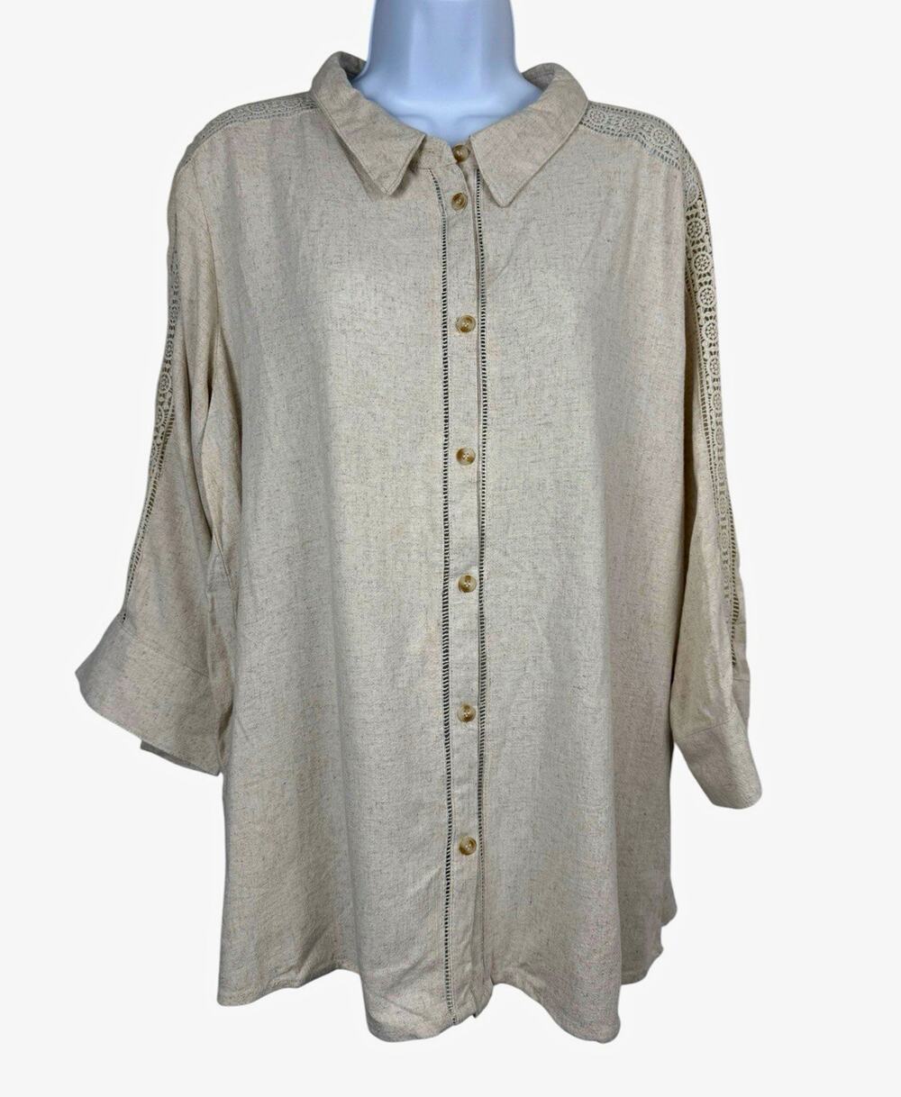 Marissa Olivia Women XL Beige Linen Rayon Collared 3/4 Sleeve Lace Button-Up
